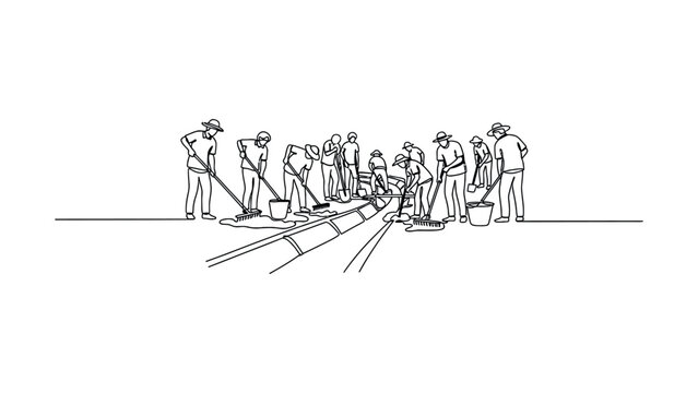 A line art illustration of a group of workers cleaning a drainage canal.