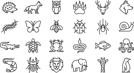 Minimalist Wild Animals and Insects Line Art Icon Set for Nature Education Logos Educational Apps and Children Graphic Designs © SUMON STUDIO