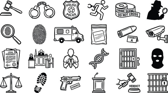 Law Enforcement and Justice System Line Icon Set with Crime Scene Courtroom Police and Legal Symbols for Security Applications
