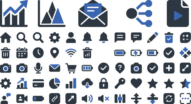 Modern Minimalist Business and UI App Icon Set with Blue and Dark Grey Symbols for Digital Web Interfaces