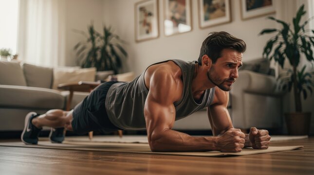 A focused man performs a plank exercise at home, showcasing strength and determination in a comfortable living space.