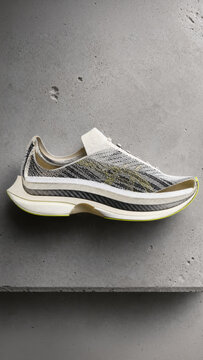 Premium running shoe sliced in half showing internal foam layers and carbon fiber plate.