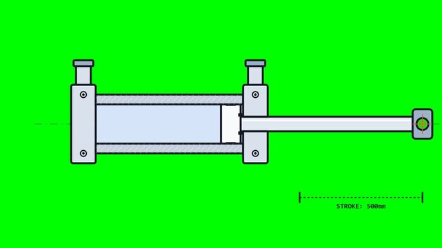 Technical diagram of a hydraulic piston cylinder extending its rod