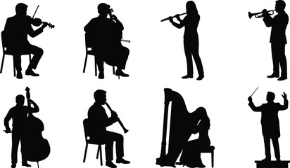 Orchestra musician silhouette set featuring conductor and instrumental performers for classical music illustration © MdSazzad