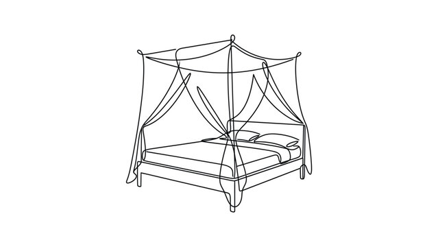A continuous line drawing of a canopy bed with curtains.