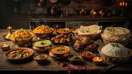 Fototapeta premium A vibrant spread of traditional dishes on a rustic table, featuring rice, curries, bread, and garnishes, creating an inviting culinary atmosphere.