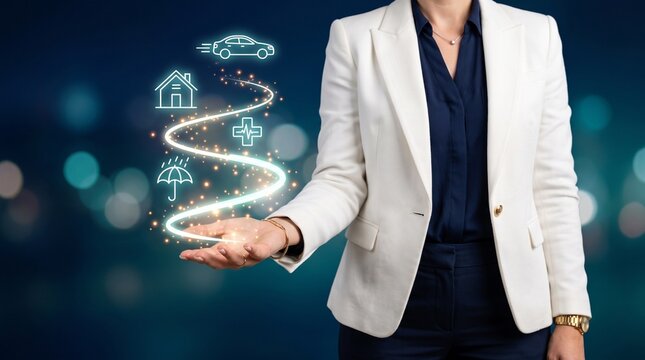 Businesswoman holding a glowing digital projection of insurance icons
