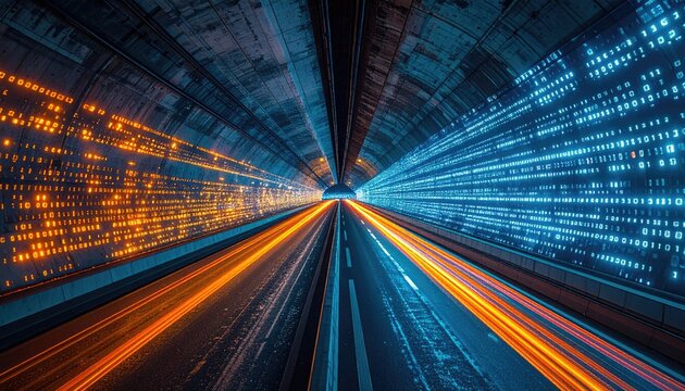 A vibrant, futuristic tunnel with data streams flowing on either side, and streaks of light moving down the road