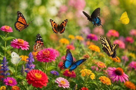 Butterflies fluttering among bright summer flowers in a garden.