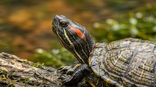 Intricate textures of a red-eared slider turtle shell and skin in macro view.