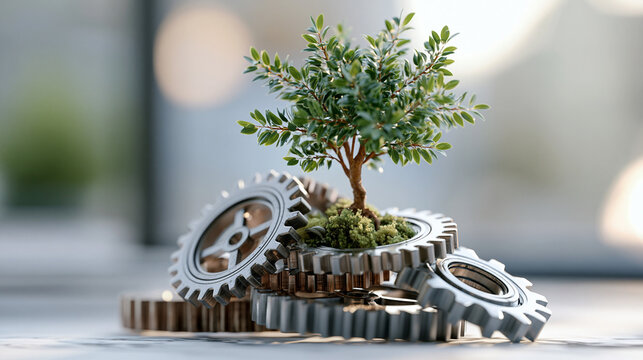 3D render of a small green tree growing from a cluster of interlocking metallic gears on a soft bright background no people sustainable growth green innovation eco business