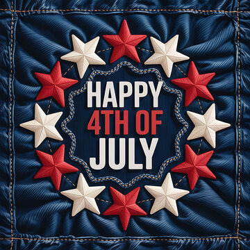 Happy 4th of july on denim texture background, patriotic celebration with red and white stars forming a wreath, american independence day design.