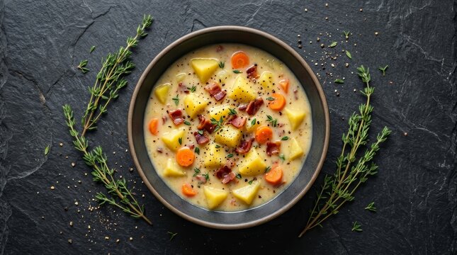 A bowl of warm potato soup featuring carrots and bacon bits with fresh thyme sprigs.