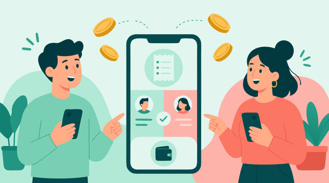 Two friends splitting a restaurant bill on a mobile payment app with floating coins above in mint and coral tones, perfect for fintech startups or personal finance app marketing in a clean flat vector