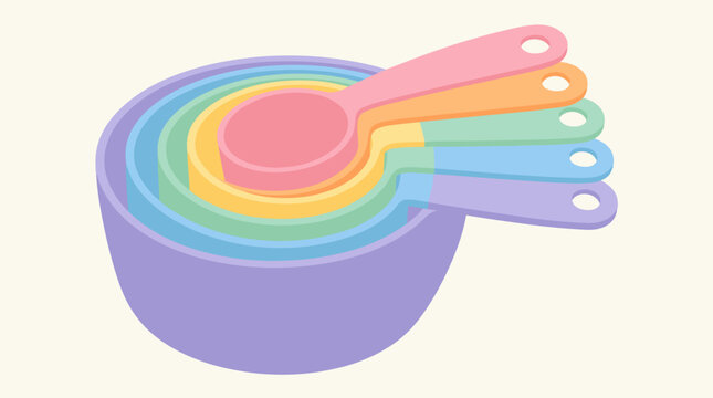 Set of colorful measuring cups nested together in a pastel rainbow arrangement, perfect for baking brand visuals, kitchenware product graphics, or cooking tutorial content in a clean flat vector illus