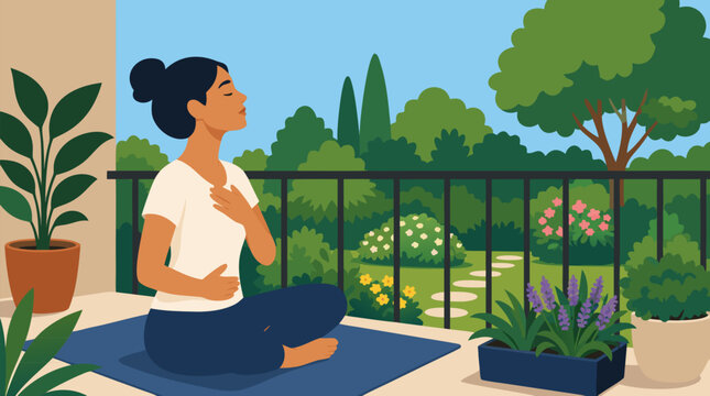 Woman practicing deep breathing exercises on a balcony while overlooking a serene garden below, perfect for mindfulness apps, wellness brands, or mental health awareness campaigns in a clean flat vect