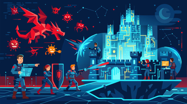 A cybersecurity team defending a glowing castle of data from floating digital threats in an alert dark blue and red flat vector illustration on a light background, perfect for tech and security brandi