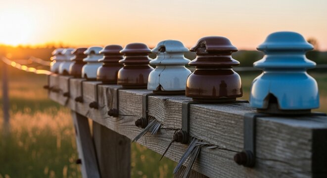 Vintage ceramic insulators lined up on a wooden fence at sunset.