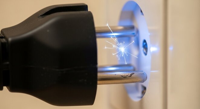 Close-up of an electrical plug being inserted into a wall socket with blue sparks.