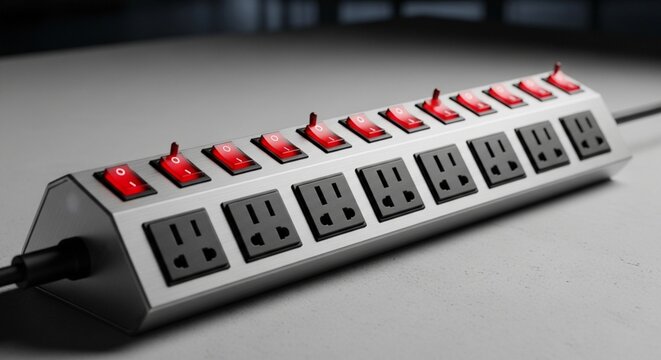 Multiple electrical outlets on a power strip with illuminated switches.