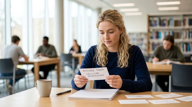Higher education and learning concept featuring a student using flashcards in a library.