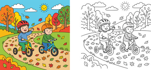 Fototapeta premium Children riding tricycle and bicycle in autumn park vector illustration and coloring book page set, cute cartoon kids cycling in fall season