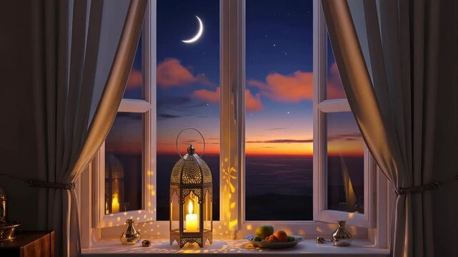 Ramadan lantern on windowsill with crescent moon and sunset view image photo