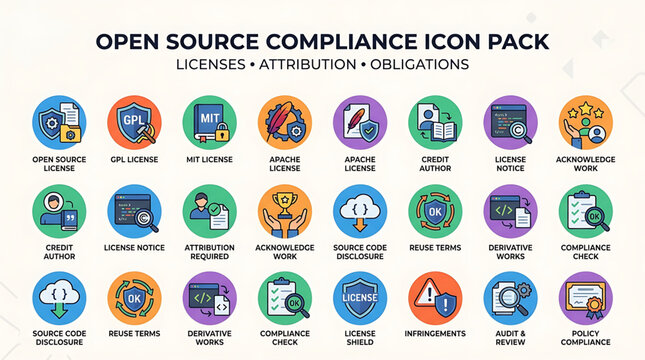 Open source compliance icons illustrate licenses and obligations on screen
