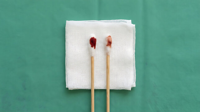 Cotton swabs with blood on them, indicating medical treatment or first aid applied to a wound