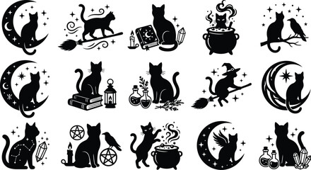 Obraz premium Black silhouette witchy cat collection with mystical elements and celestial motifs