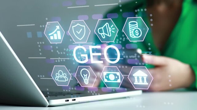 Showcasing digital icons related to geo information and analytics on a laptop screen with a person in green.