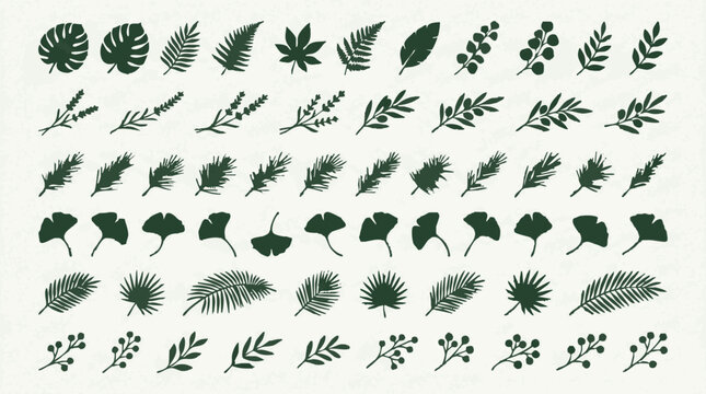 Green botanical leaf and branch silhouettes set on light background