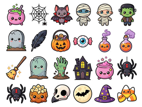 Cute Kawaii Halloween Icon Set Isolated Transparent Background