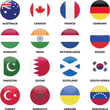 Collection of national flag icons featuring glossy circular buttons in a flat vector design perfect for international communication and web elements