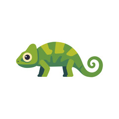 Fototapeta premium Chameleon standing in side view with curled tail, raised eye, four short legs, and striped body, tropical reptile for jungle, wildlife, and nature design, colorful illustration
