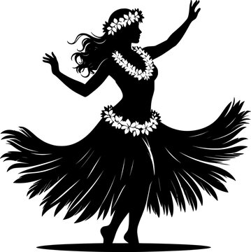 Dynamic hula dancer silhouette in black performing traditional hawaiian dance with flowing skirt and uplifted arms isolated on white background
