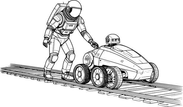 Black and white astronaut assisting futuristic robot on track illustration isolated on white background

