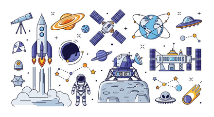 Space Exploration Icons: Rocket, Astronaut, Planets, Satellite, UFO, Telescope © ahmad