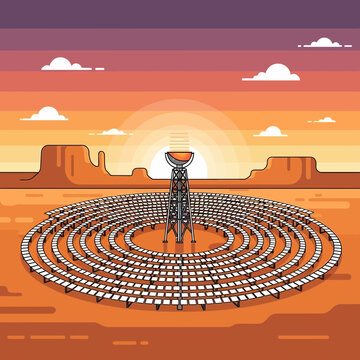 Solar Power Tower In Desert Landscape At Sunset, Renewable Energy Concept
