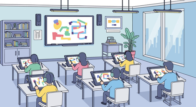 Students learn digital art in modern classroom with interactive whiteboard and computers.