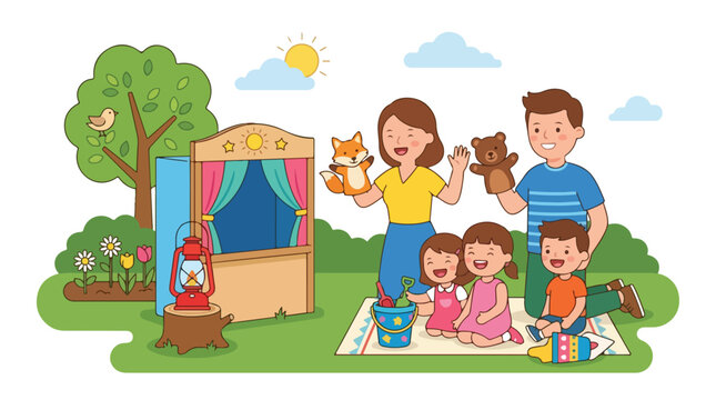 A happy family enjoys a sunny day in the park, performing a creative puppet show together while surrounded by nature and toys.