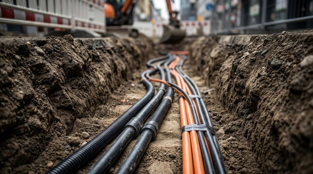 Underground power cables and fiber-optic communication lines laid within a dirt trench, illustrating essential urban utility infrastructure beneath the city surface. 