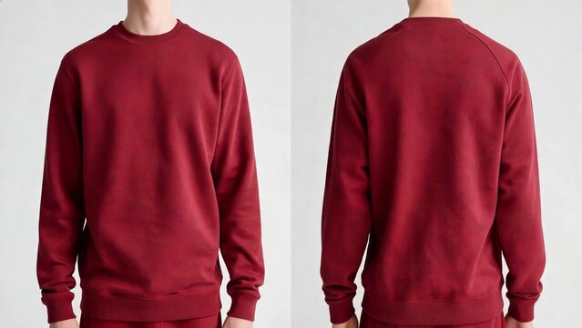 man wearing plain red sweatshirt front and back view for apparel mockup and e commerce product display