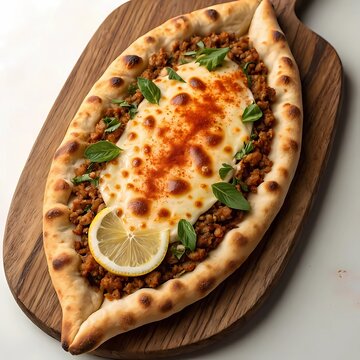 Traditional Turkish Pide with Melted Cheese and Minced Meat Freshly Baked