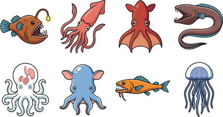 Cartoon deep-sea creatures vector illustrations with anglerfish, squid, eel, and jellyfish © Sahara