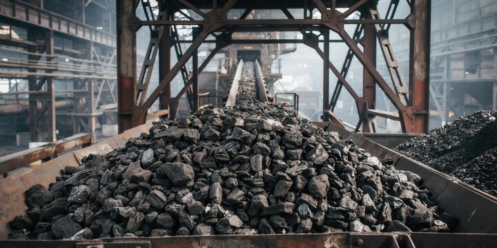 Coal pile and conveyor belt in industrial plant