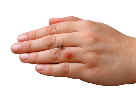 Mosquito biting human hand isolated on transparent or white background, png