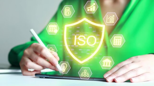 Using a tablet to demonstrate concepts related to ISO standards in a business setting.