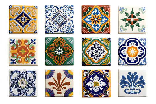 Collection set of decorative ceramic tiles isolated on transparent or white background, png