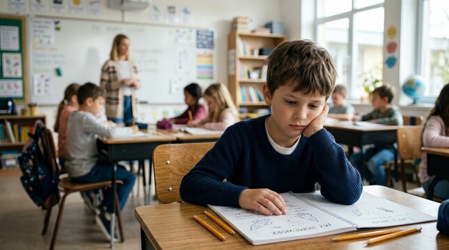 A bored elementary student sitting at a desk looking unmotivated and sad.